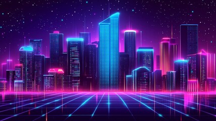 Fototapeta premium A Futuristic neon cityscape with glowing skyscrapers and starry sky