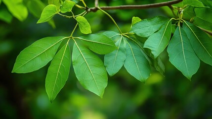 Obraz premium Lush Green Leaves Branch Nature Spring Sunlight Vibrant Foliage Botanical Garden