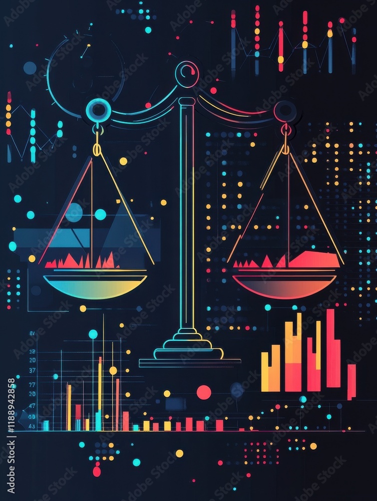 Poster symbolic representation of balance with scales and graphs, illustrating business analytics and decis