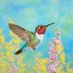 Fototapeta premium Hummingbird in Flight Graceful Bird Hovering Near Pink Flowers Springtime Nature Beauty
