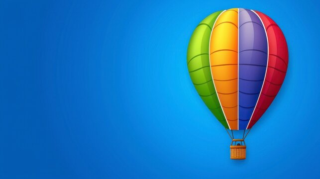 Colorful hot air balloon with vibrant stripes soaring against a clear blue sky, symbolizing adventure, travel, and freedom in a bright and uplifting illustration