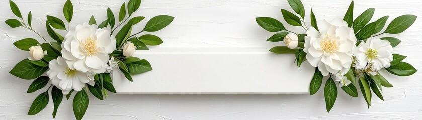 Fototapeta premium Elegant Floral Arrangement with White Flowers and Green Leaves on a Rustic Background