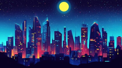 Naklejka premium Night City Skyline Under a Full Moon