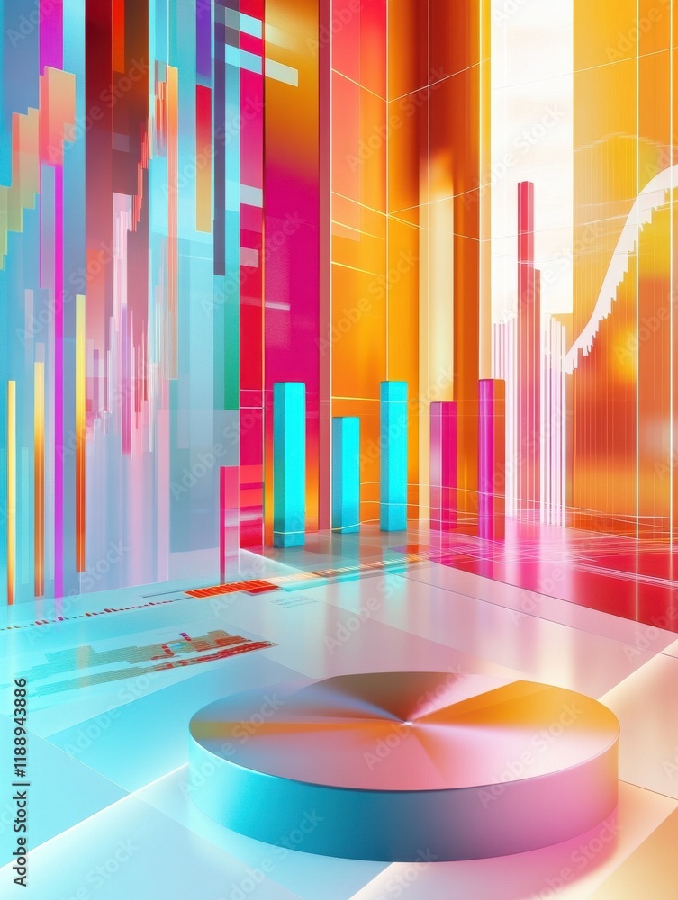 Poster a colorful data visualization featuring bar graphs and charts on a bright surface, illustrating anal