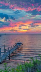 Obraz premium Stunning sunset over ocean with charming dock and boat, embracing tranquility and romance