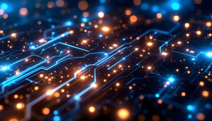 Fototapeta premium Glowing circuit board with bokeh lights - Connectivity and data flow - Ideal for tech presentations and digital media
