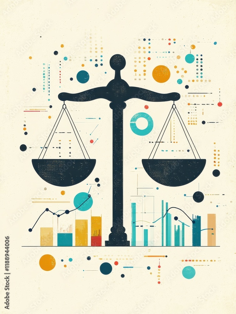 Poster symbolic representation of balance with scales and graphs, illustrating business analytics and decis