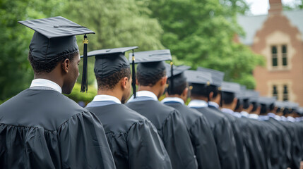 Obraz premium Graduates march with pride under a bright blue sky, celebrating their achievements amidst a vibrant green landscape