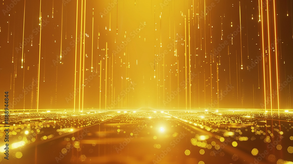 Poster a gold background with a bright light shining on it. the light is coming from the left side of the i