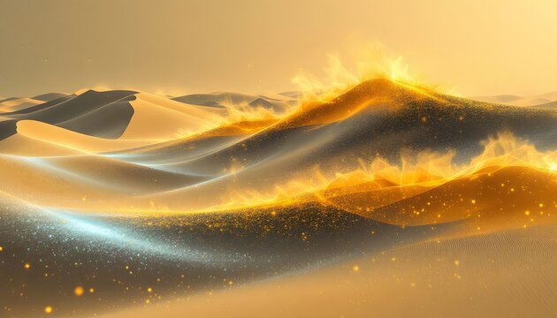 A desert landscape of golden sand dunes with magical glow effects - symbolizes transformation and warmth - perfect for travel blogs, fantasy art and motivational content