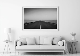 Modern bright interiors apartment with mockup poster frame 3D rendering illustration