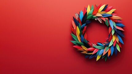 Obraz premium Colorful leaf wreath on a vibrant red background for decorative purposes. celebration of African American history concept