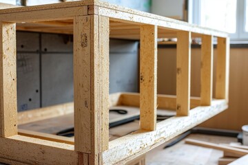Sturdy wooden framing of a kitchen cabinet under construction, with tools and materials around, perfect for showcasing interior renovation and woodworking skills