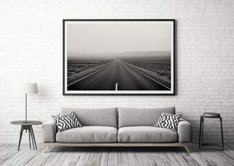 Modern bright interiors apartment with mockup poster frame 3D rendering illustration