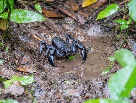 Rainforest Tailless Whip Scorpion in Dark Mud near Lush Green Leaves