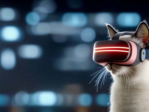 Curious cat explores vibrant virtual reality cityscape glowing headset. AI Generated