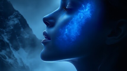 Obraz premium Serene Woman Profile Illuminated By Blue Celestial Energy