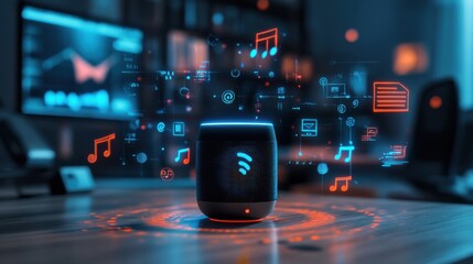social media, ai and technology concept - smart speaker with virtual music note hologram on table at office over internet icons