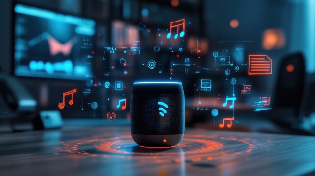 social media, ai and technology concept - smart speaker with virtual music note hologram on table at office over internet icons
