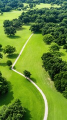 Aerial View of Serene Green Golf Course Landscape with Winding Path