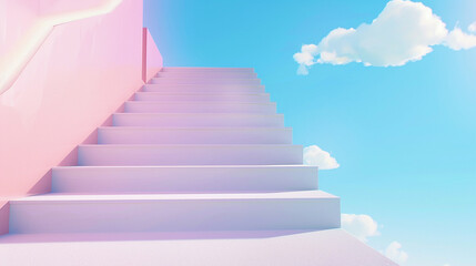 A blue sky with a staircase leading up to the clouds. The sky is clear and the clouds are fluffy
