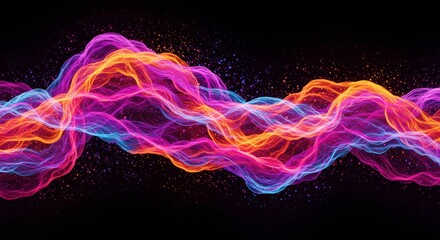 Obraz premium Abstract Neon Wave: A vibrant, dynamic wave of neon pink, orange, and blue light flows across a dark background, creating a mesmerizing and energetic visual effect.
