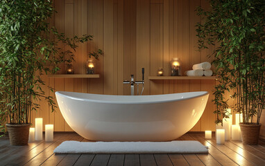 Luxurious spa inspired home bathroom with a freestanding tub, bamboo accents, and calming design elements. A perfect blend of elegance and relaxation for a serene retreat.


