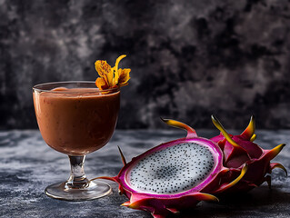 Delicious chocolate smoothie in elegant glass, garnished with vibrant flower, alongside a halved dragon fruit.  Perfect for menus, healthy eating blogs, or beverage advertising.