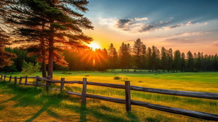Obraz premium Sunset over a tranquil meadow with pine trees and a wooden fence in a serene landscape