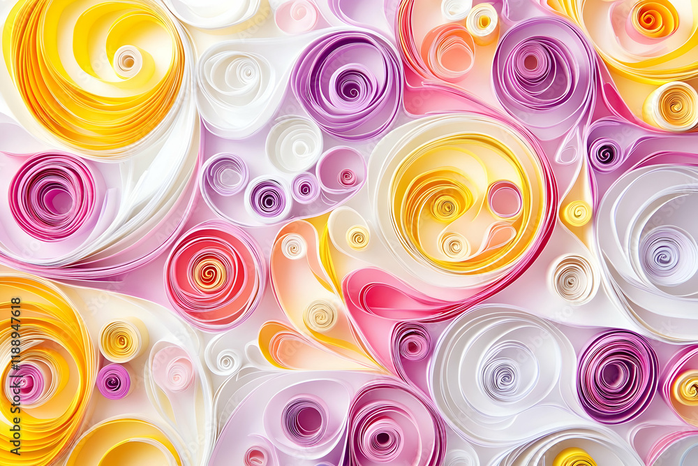 Poster abstract background with colorful paper quilling in swirls and spirals, creating an elegant pattern