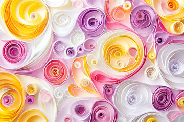 Abstract background with colorful paper quilling in swirls and spirals, creating an elegant pattern