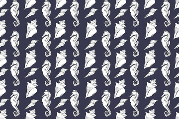 Fototapeta premium Seamless pattern in nautical style. Shells and seahorse on a dark blue background. Hand drawn illustration in line art style. Drawn in black ink in sketch style. For packaging, textile, wallpaper
