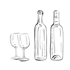 Line Drawing. Line Art - Two Wine Glasses and Bottles. Vector