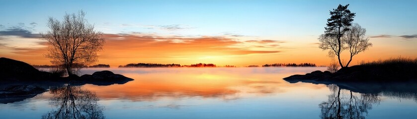 Obraz premium Serene Sunrise Over Calm Water with Reflective Sky and Silhouetted Trees