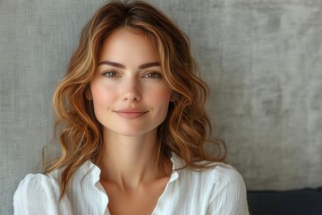 Fototapeta premium beautiful happy confident 40yearold businesswoman with natural makeup and wavy brown hair wearing elegant white blouse against textured light wall background