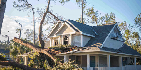 Damaged house with fallen tree after storm in residential area © plysuikvv