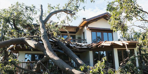 Large tree falls on a house after severe storm damage