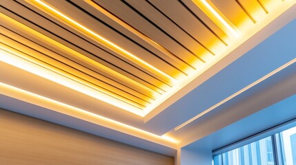 Obraz premium Modern ceiling design featuring ambient lighting and wooden elements.