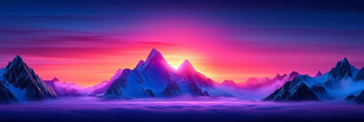 Vibrant Sunrise Mountain Peaks - Serene landscape, sunrise colors, majestic peaks, misty valley, tranquil atmosphere. Symbolizing peace, beauty, wonder, hope, and serenity.