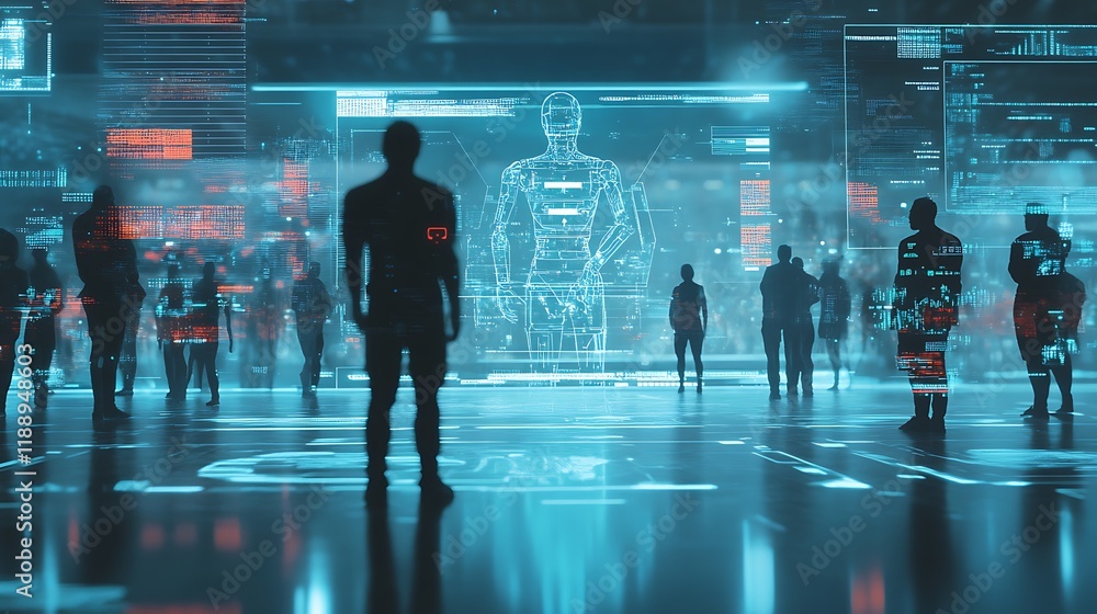 Poster the future of data: silhouettes of individuals stand in a futuristic, glowing, digital space, illumi
