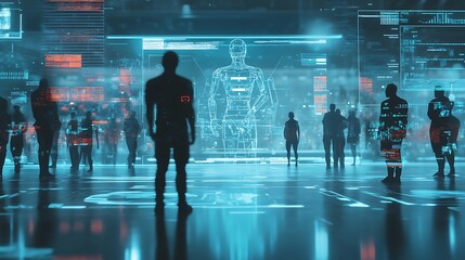 The Future of Data:  Silhouettes of individuals stand in a futuristic, glowing, digital space, illuminated by screens displaying abstract data visualizations.
