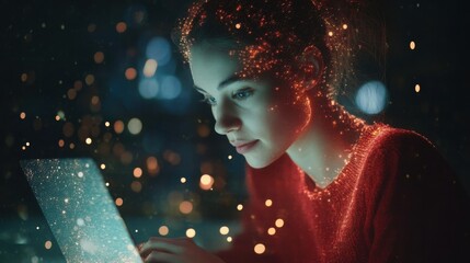 Attractive young caucasian businesswoman using laptop with abstract glowing big data blockchain interface on dark background. Cryptocurrency, finance, big data and information concept. Double exposur