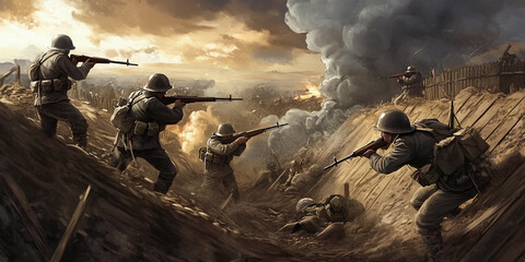 Soldiers engage in battle during a wartime conflict