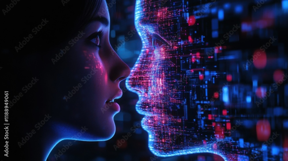 Poster person talking with robotic ai.futuristic technology or machine learning concepts.generative ai tech