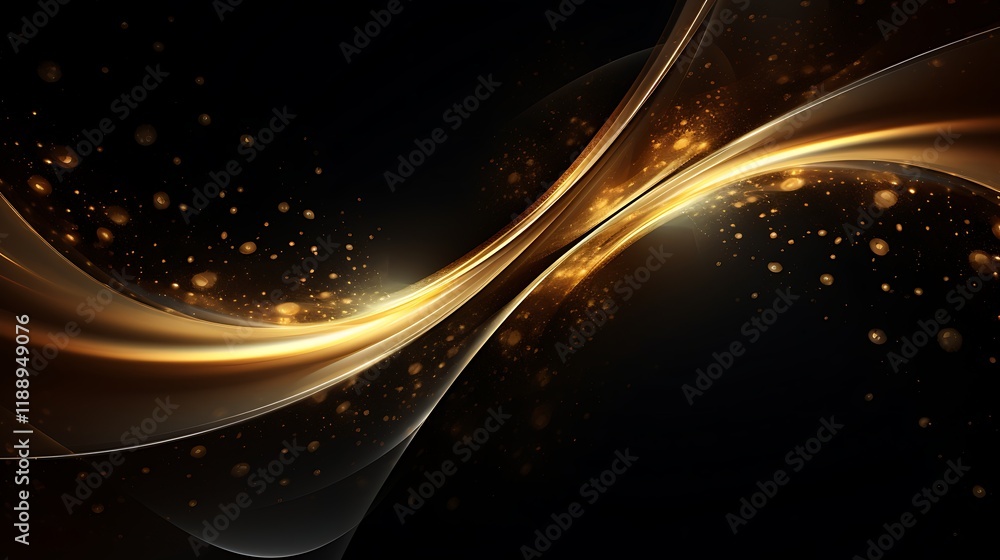 Poster Golden Abstract Waves: Elegant, flowing golden waves dance across a deep black background, adorned with shimmering golden particles, creating a luxurious and sophisticated abstract design. 