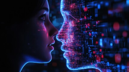 person talking with robotic ai.futuristic technology or machine learning concepts.Generative ai technology illustration