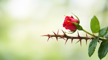 A delicate red rosebud on a thorny stem, symbolizing beauty and resilience against a softly blurred green background.