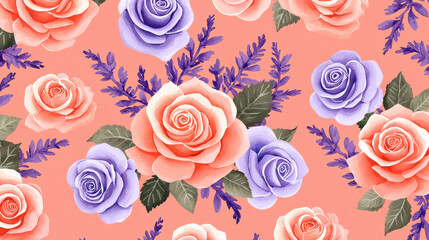 Pink and lavender roses with green leaves on peach background