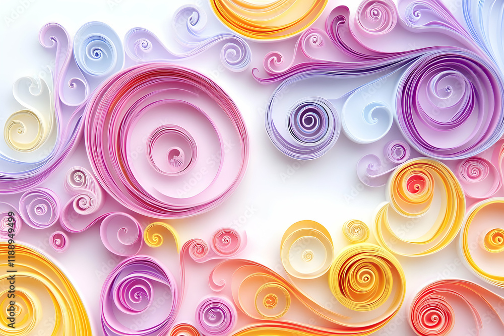 Poster abstract background with colorful paper quilling in swirls and spirals, creating an elegant pattern