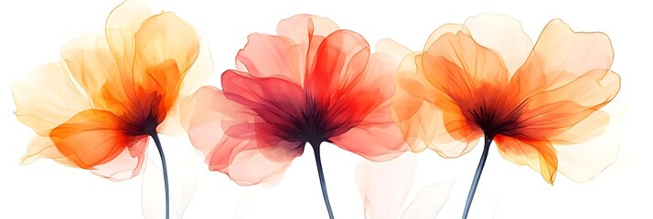 Fototapeta premium Translucent Poppy Bloom: A trio of poppies, rendered in a dreamy watercolor style, stand tall against a clean backdrop, their petals ethereal and translucent, radiating a warm glow.
